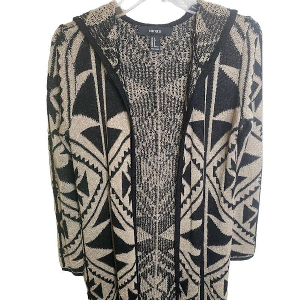 FOREVER 21 BLACK/BEIGE HOODED OPEN FRONT MAXI CARDIGAN SIZE: S - Picture 4 of 6